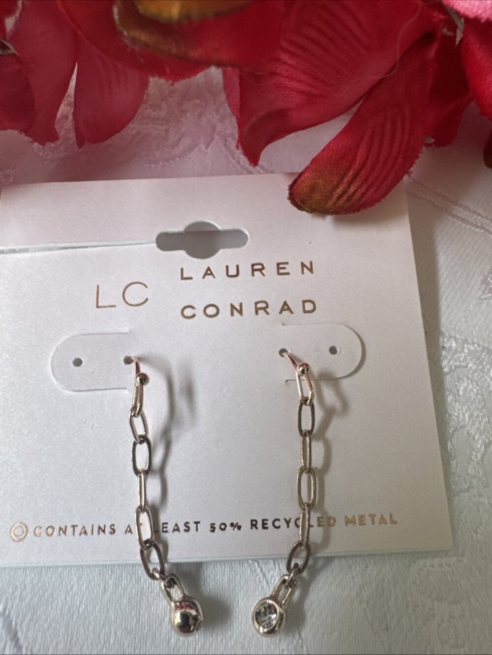 LC Lauren Conrad Dainty GoldTone Dangle Chain CZ Ball Drop 1 3/4" Earrings NEW